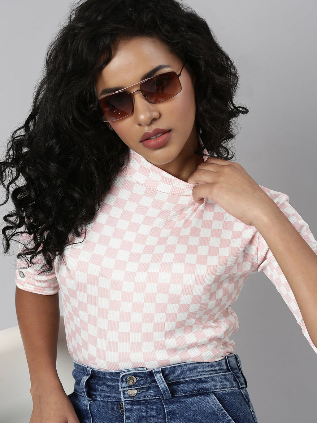 Women's Pink Checked Roll-Up Sleeves Regular Top