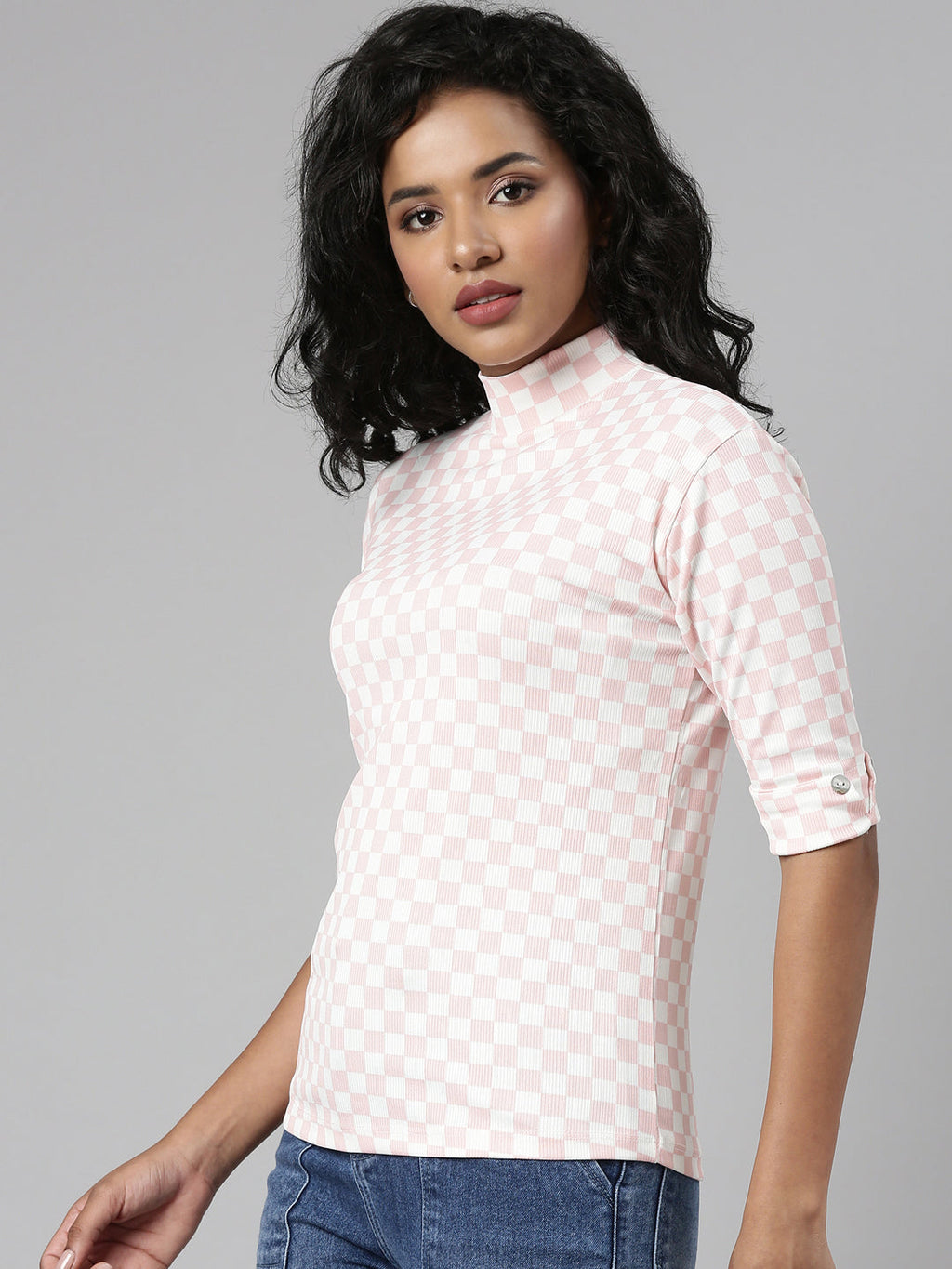 Women's Pink Checked Roll-Up Sleeves Regular Top