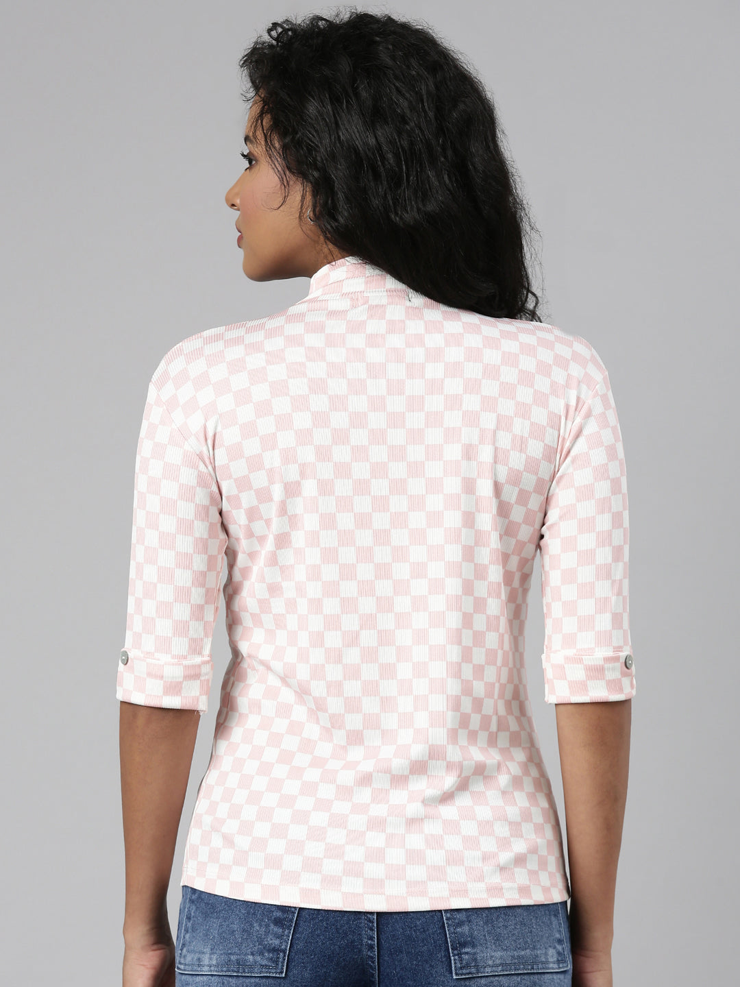 Women's Pink Checked Roll-Up Sleeves Regular Top
