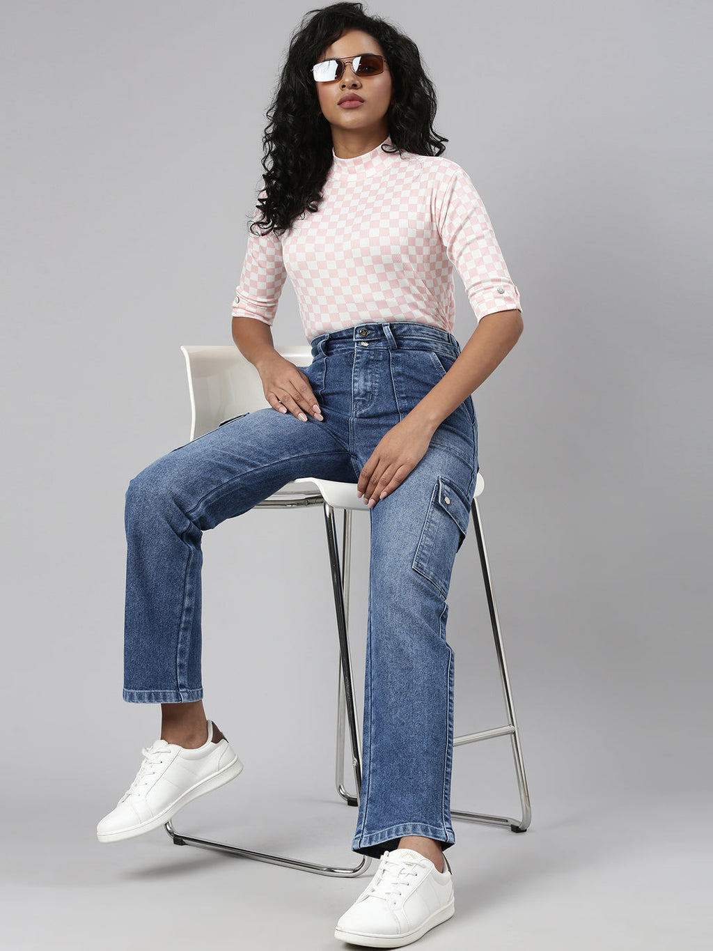 Women's Pink Checked Roll-Up Sleeves Regular Top