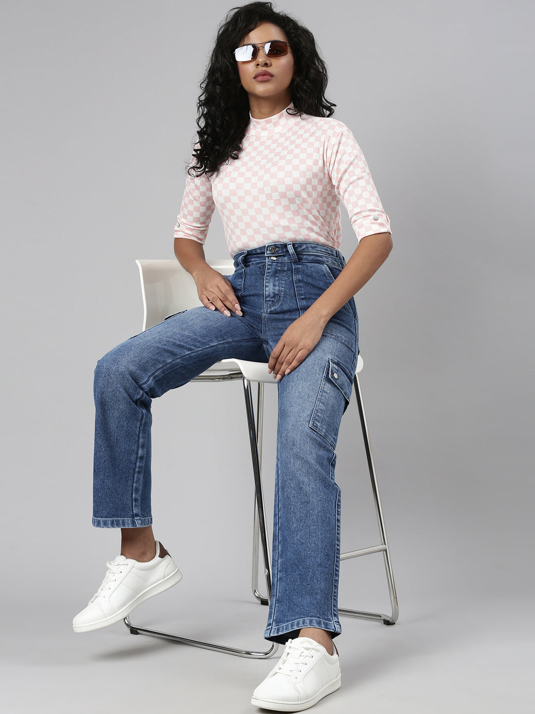 Women's Pink Checked Roll-Up Sleeves Regular Top