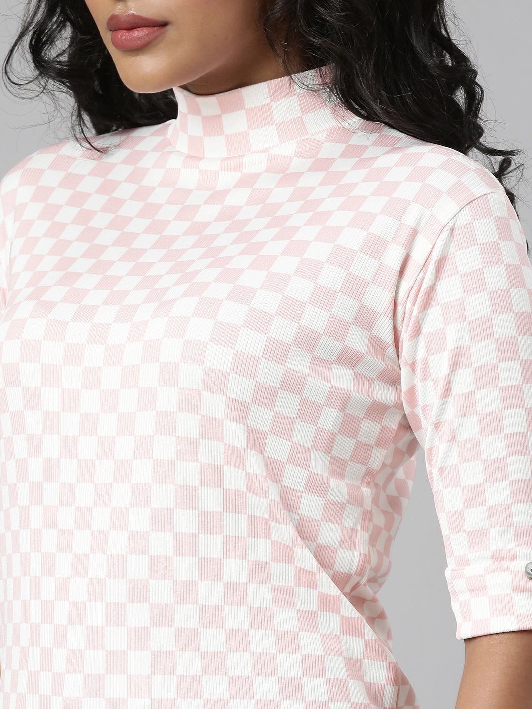 Women's Pink Checked Roll-Up Sleeves Regular Top