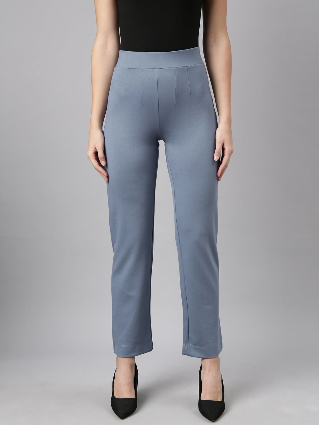 Women's Blue Comfort Straight Fit Cotton Regular Trouser