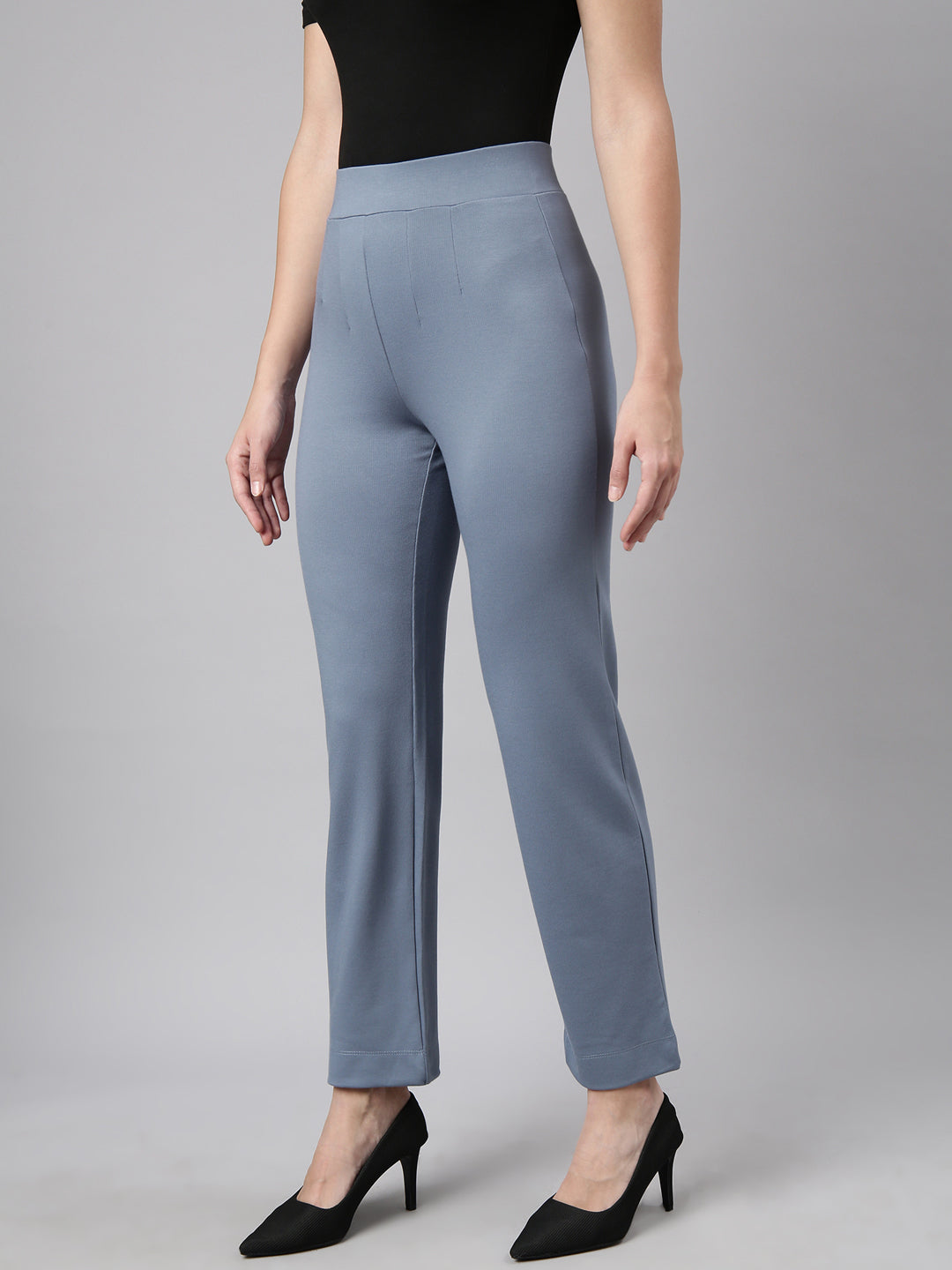 Women's Blue Comfort Straight Fit Cotton Regular Trouser