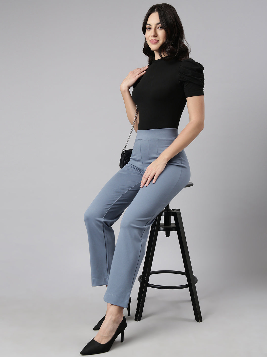 Women's Blue Comfort Straight Fit Cotton Regular Trouser