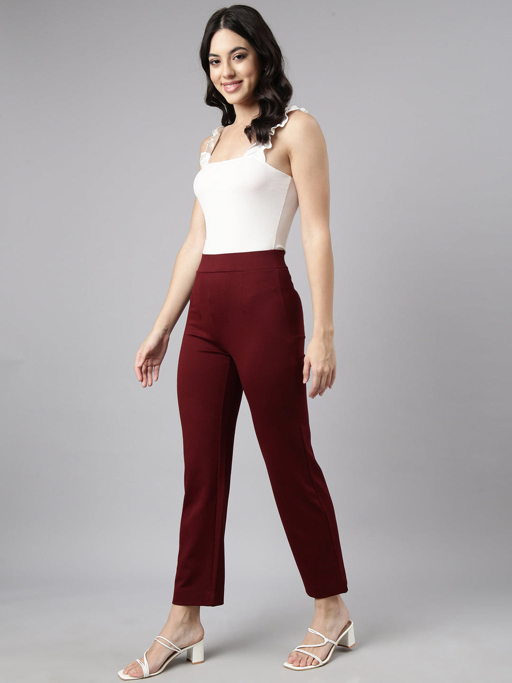 Women's Maroon Comfort Cotton Straight Fit Regular Trouser