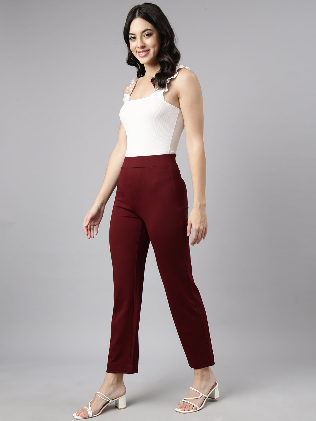 Women's Maroon Comfort Cotton Straight Fit Regular Trouser