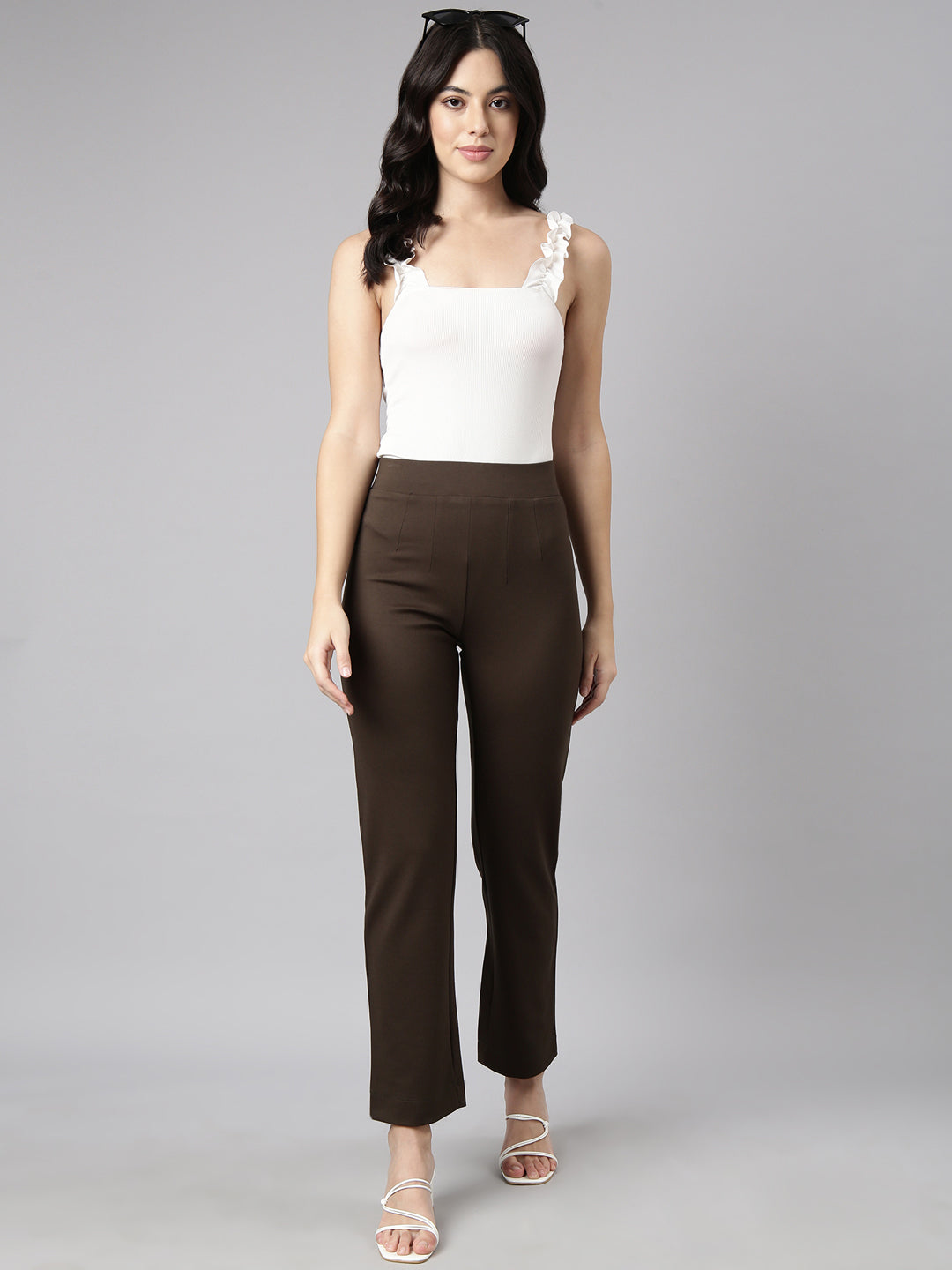 Women's Olive Cotton Comfort Straight Fit Regular Trousers