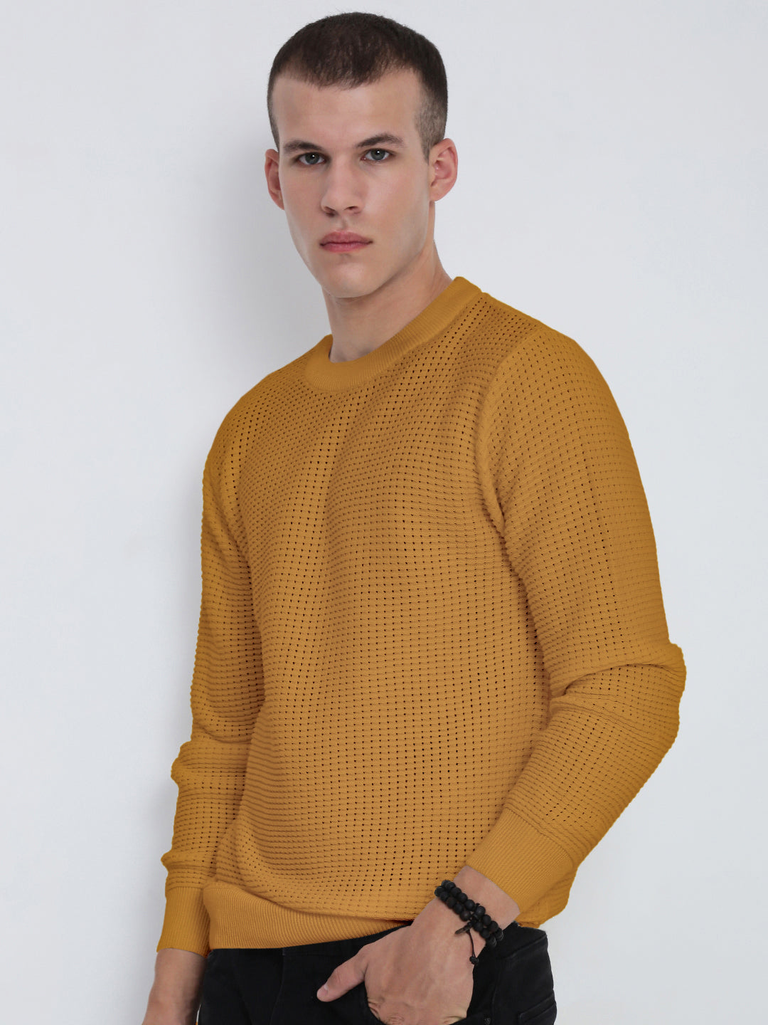 Men's Textured Mustard Ribbed Crew Neck Sweater