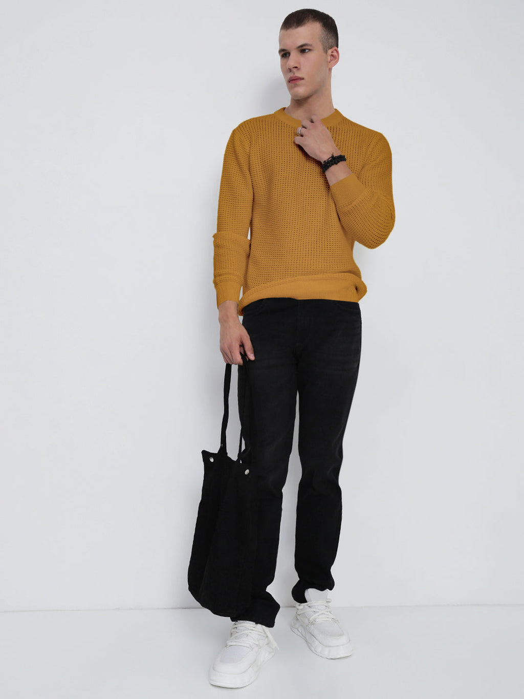 Men's Textured Mustard Ribbed Crew Neck Sweater