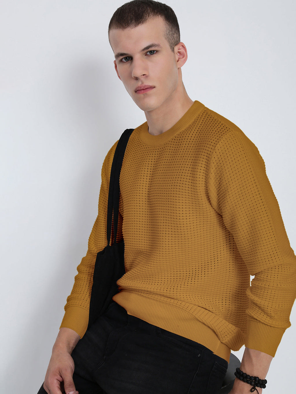 Men's Textured Mustard Ribbed Crew Neck Sweater