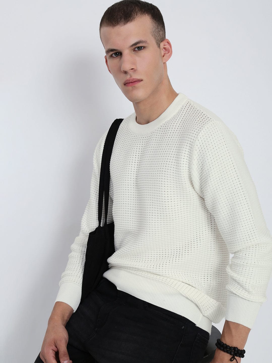 Men's White Round Neck Sweater