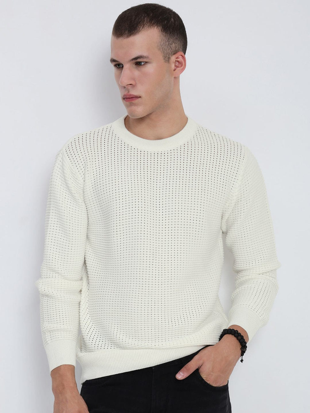 Men's White Round Neck Sweater