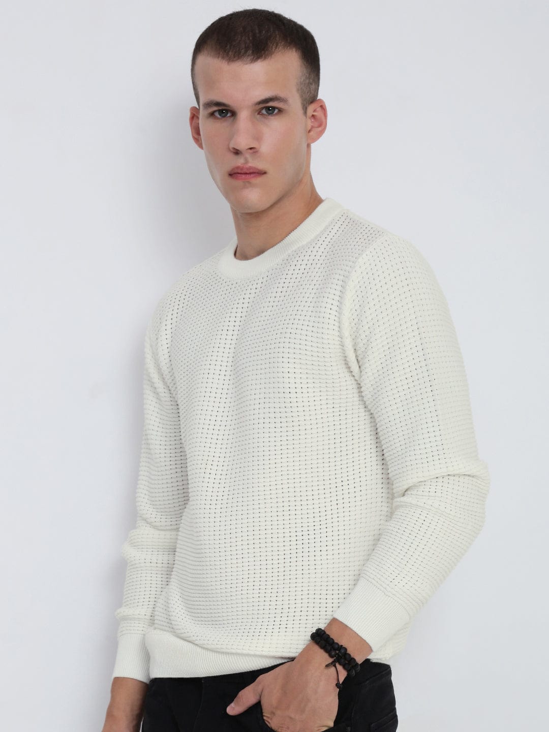 Men's White Round Neck Sweater