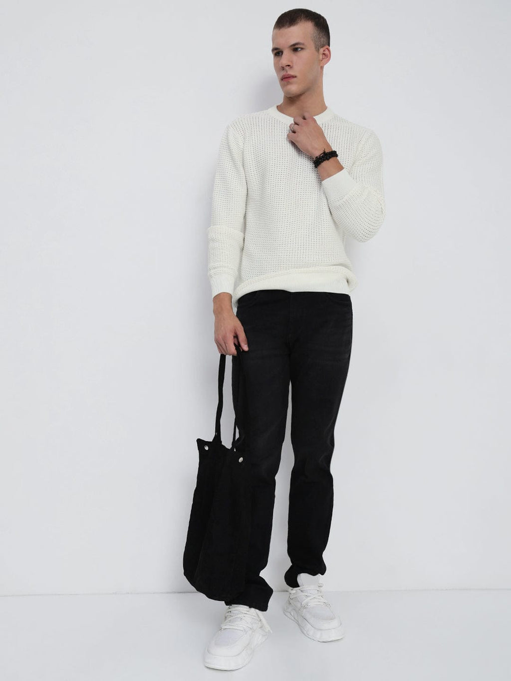 Men's White Round Neck Sweater