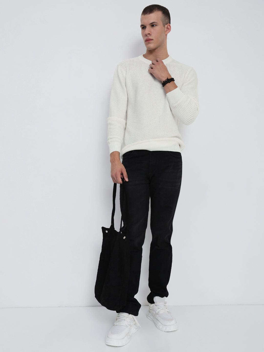 Men's White Round Neck Sweater