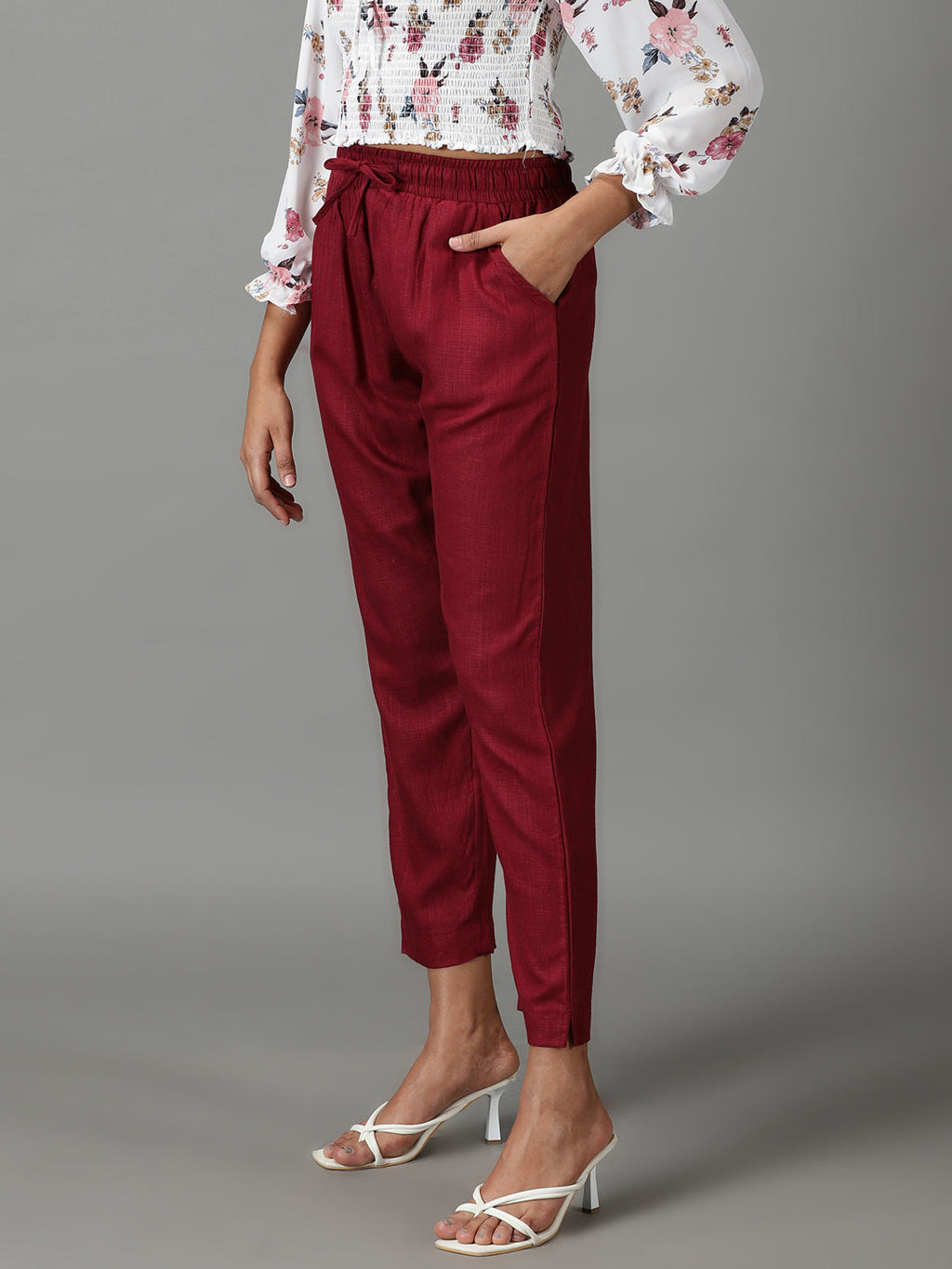 Women's Red Regular Fit Cigarette Trouser