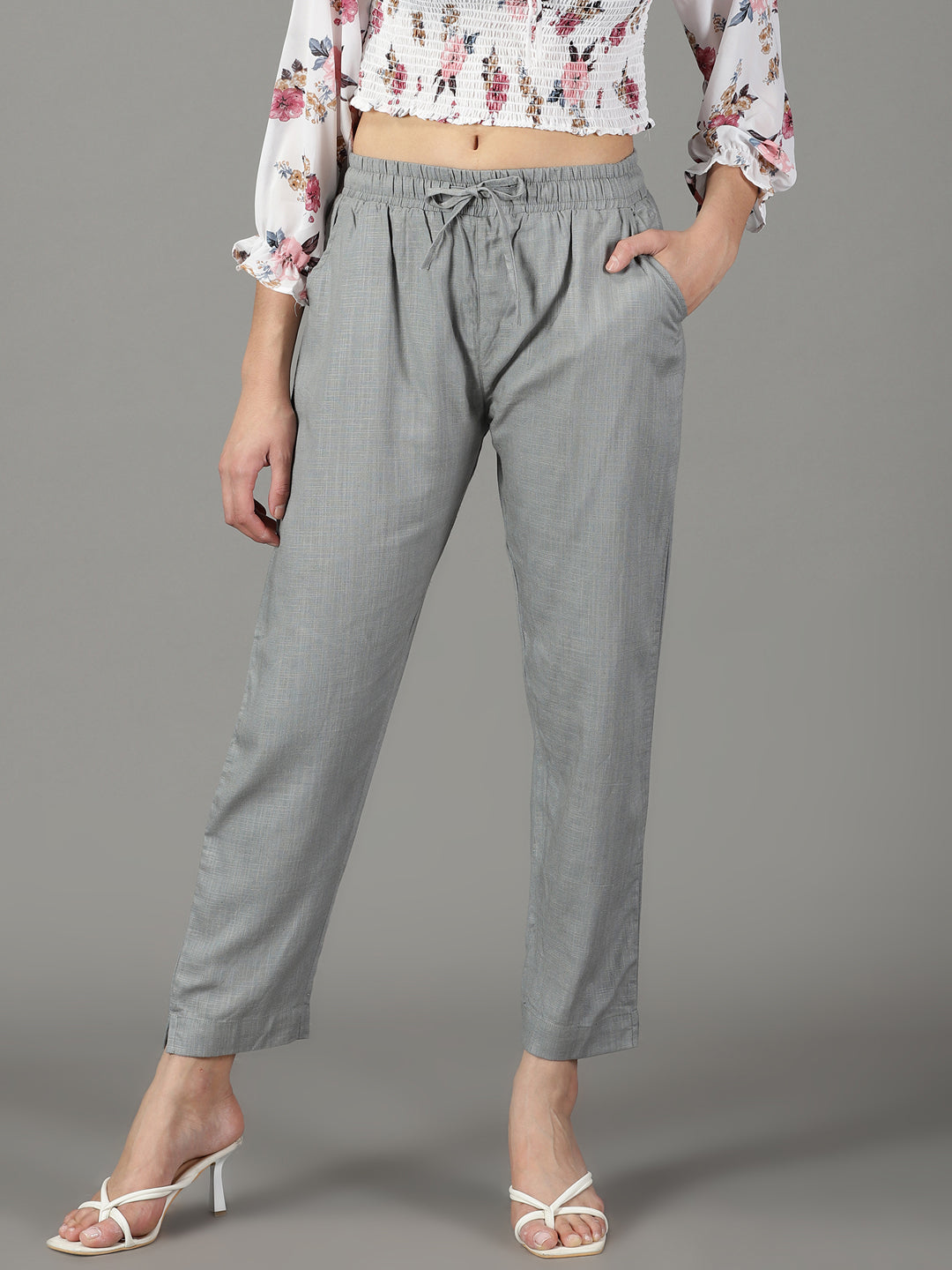 Women's Grey Pure Cotton Regular Fit Mid-Rise Trousers