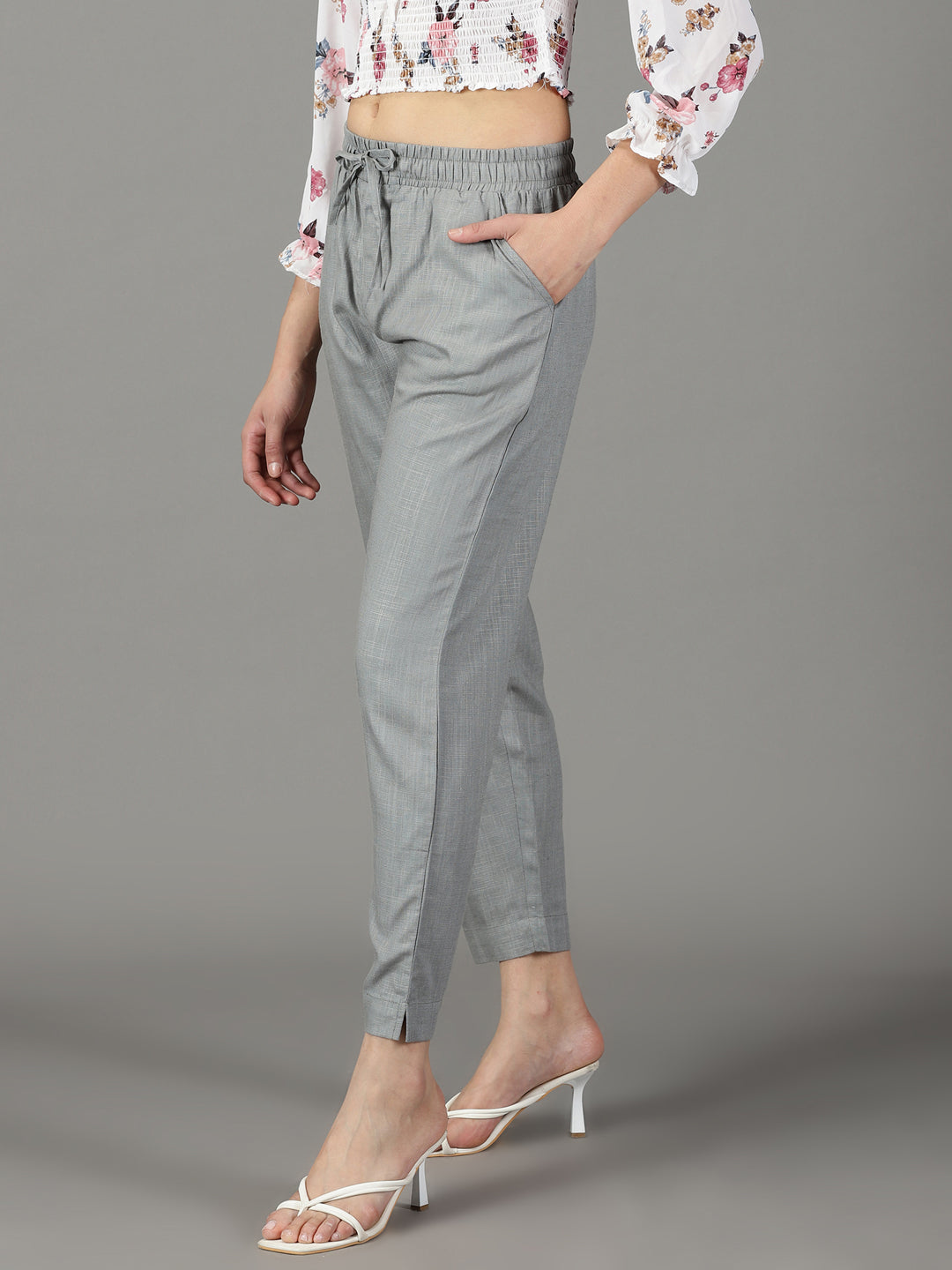Women's Grey Pure Cotton Regular Fit Mid-Rise Trousers