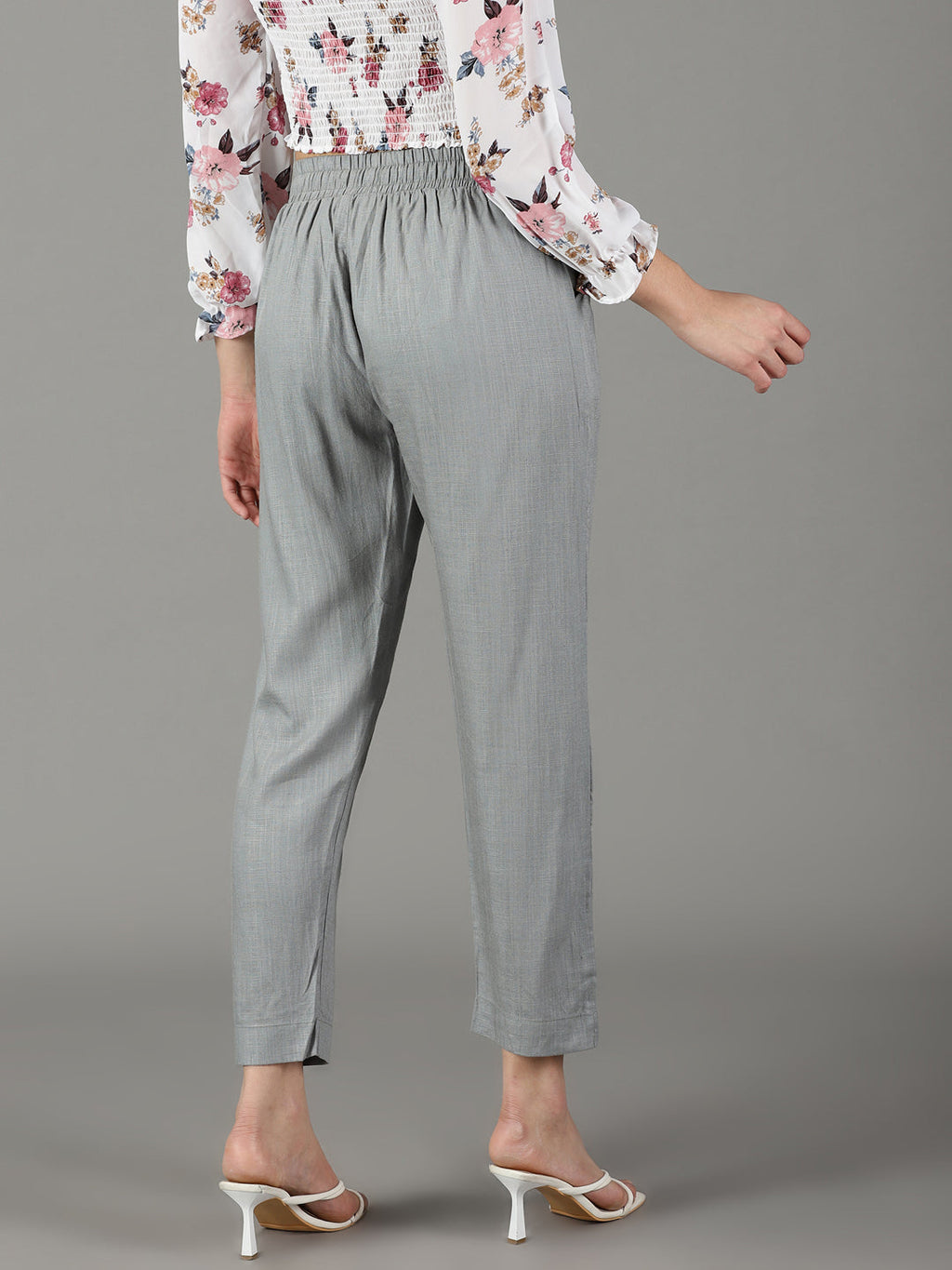 Women's Grey Pure Cotton Regular Fit Mid-Rise Trousers