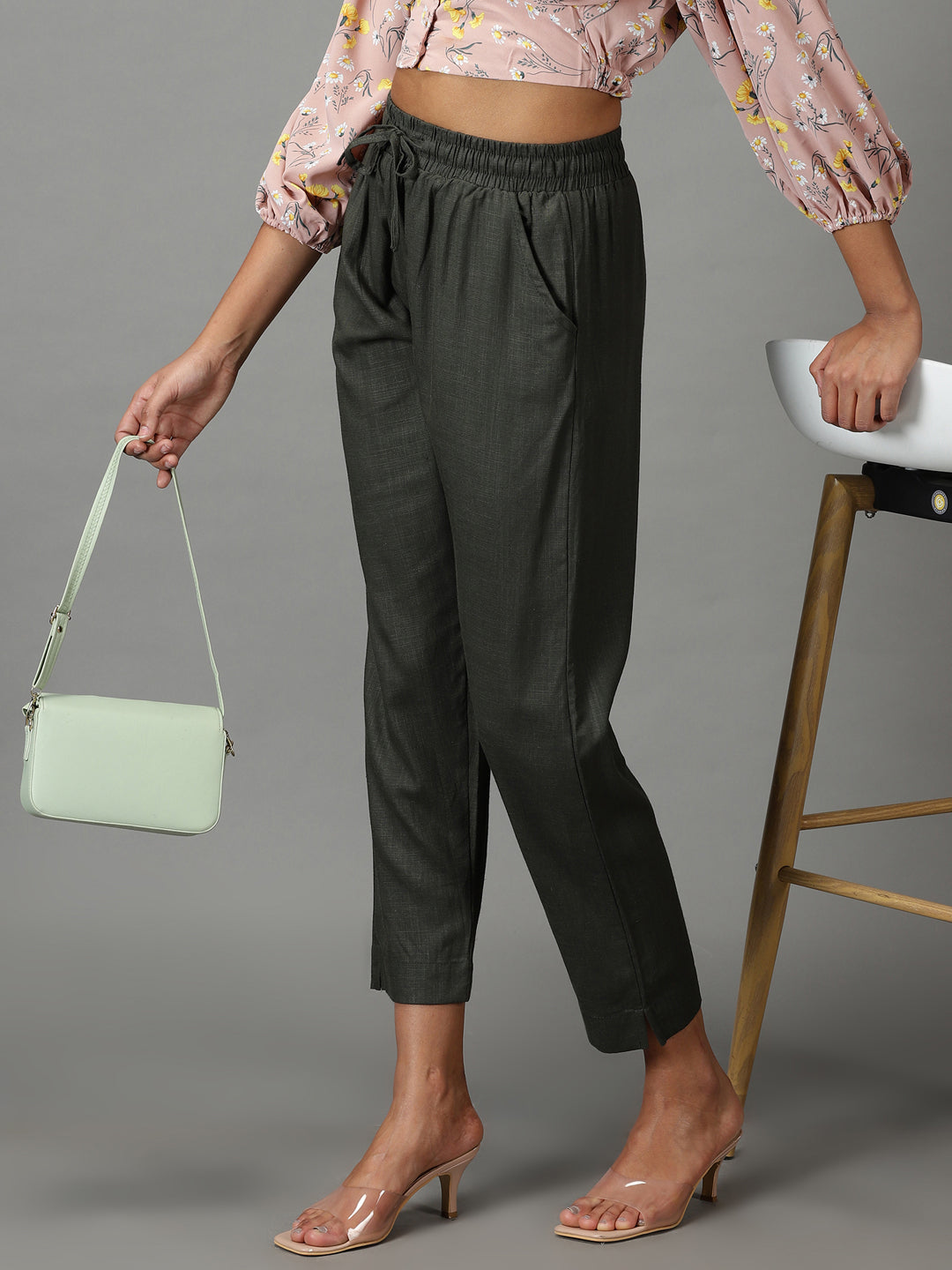 Women's Olive Pure Cotton Regular Fit Mid-Rise Trousers