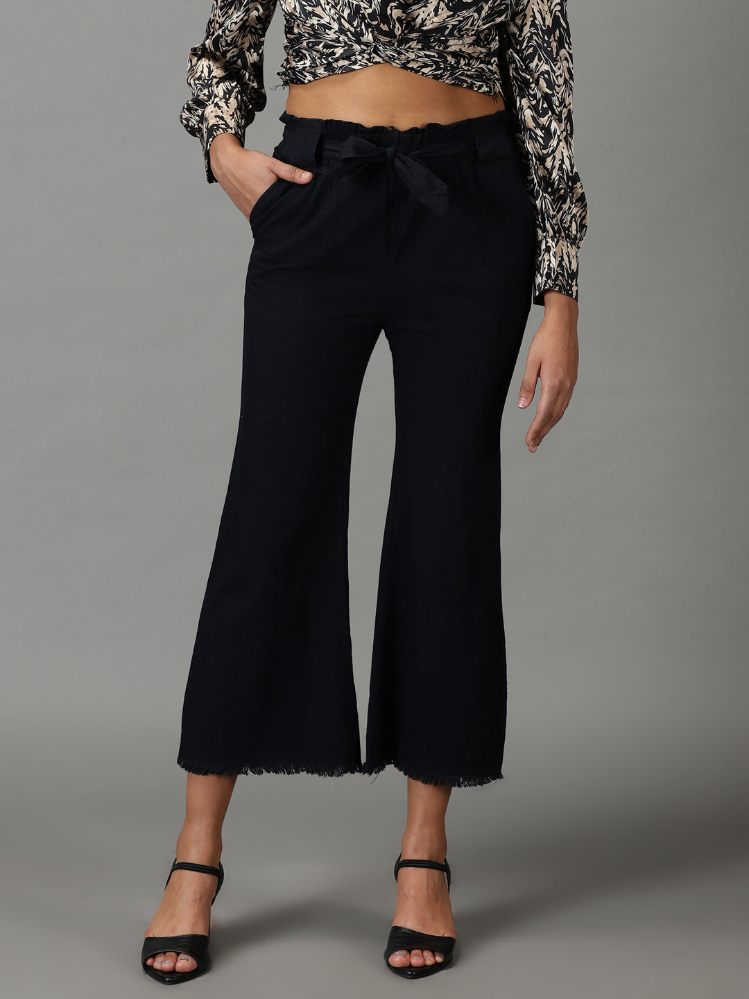 Women's Black Denim Cropped Straight Fit Culottes