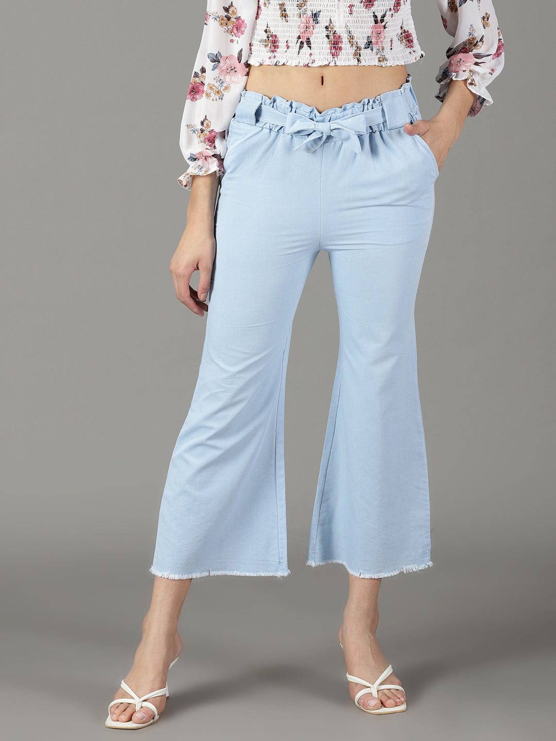 Women's Blue Relaxed Straight Fit High-Rise Trousers