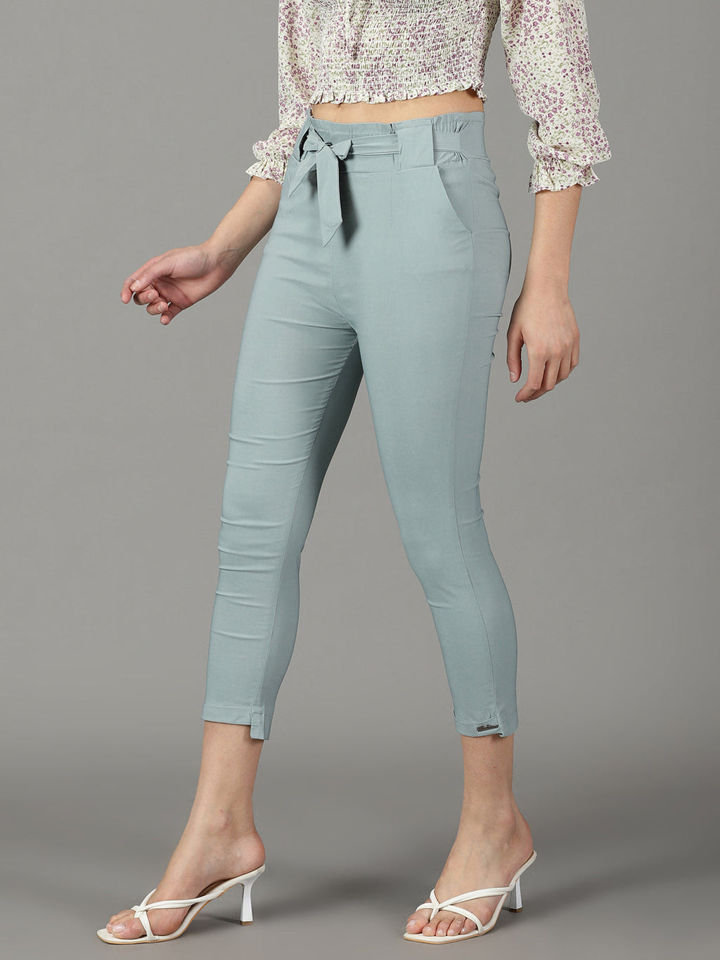 Women's Grey Relaxed Slim Fit High-Rise Cigarette Trousers