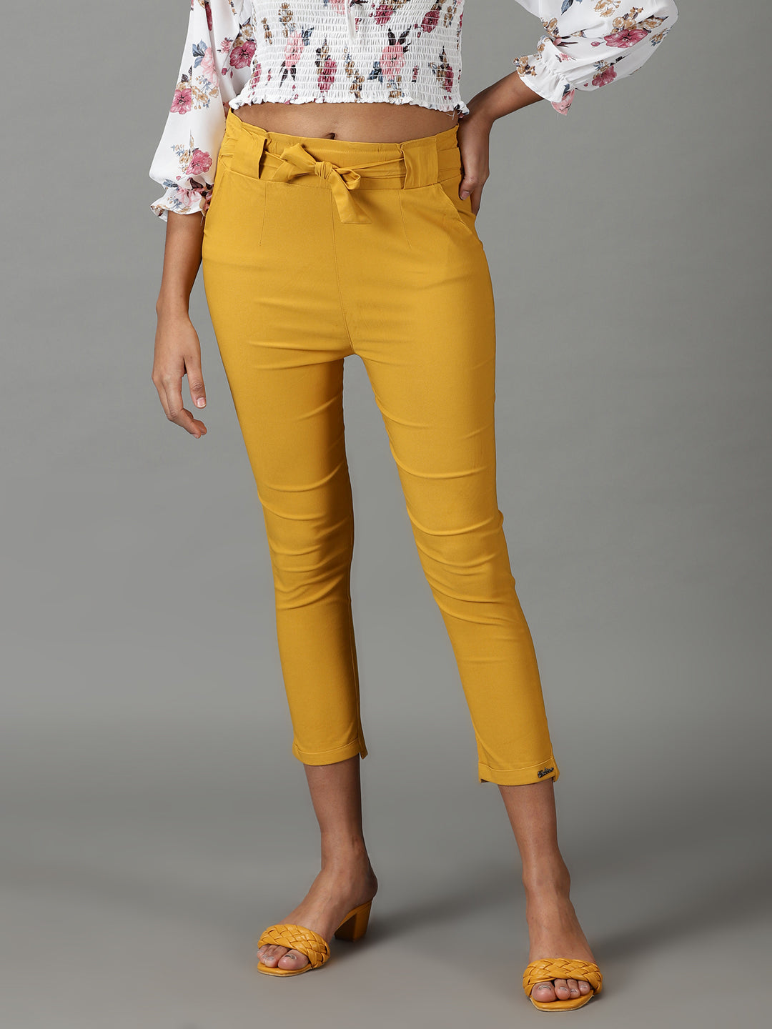 Women's Mustard Relaxed Slim Fit High-Rise Trousers