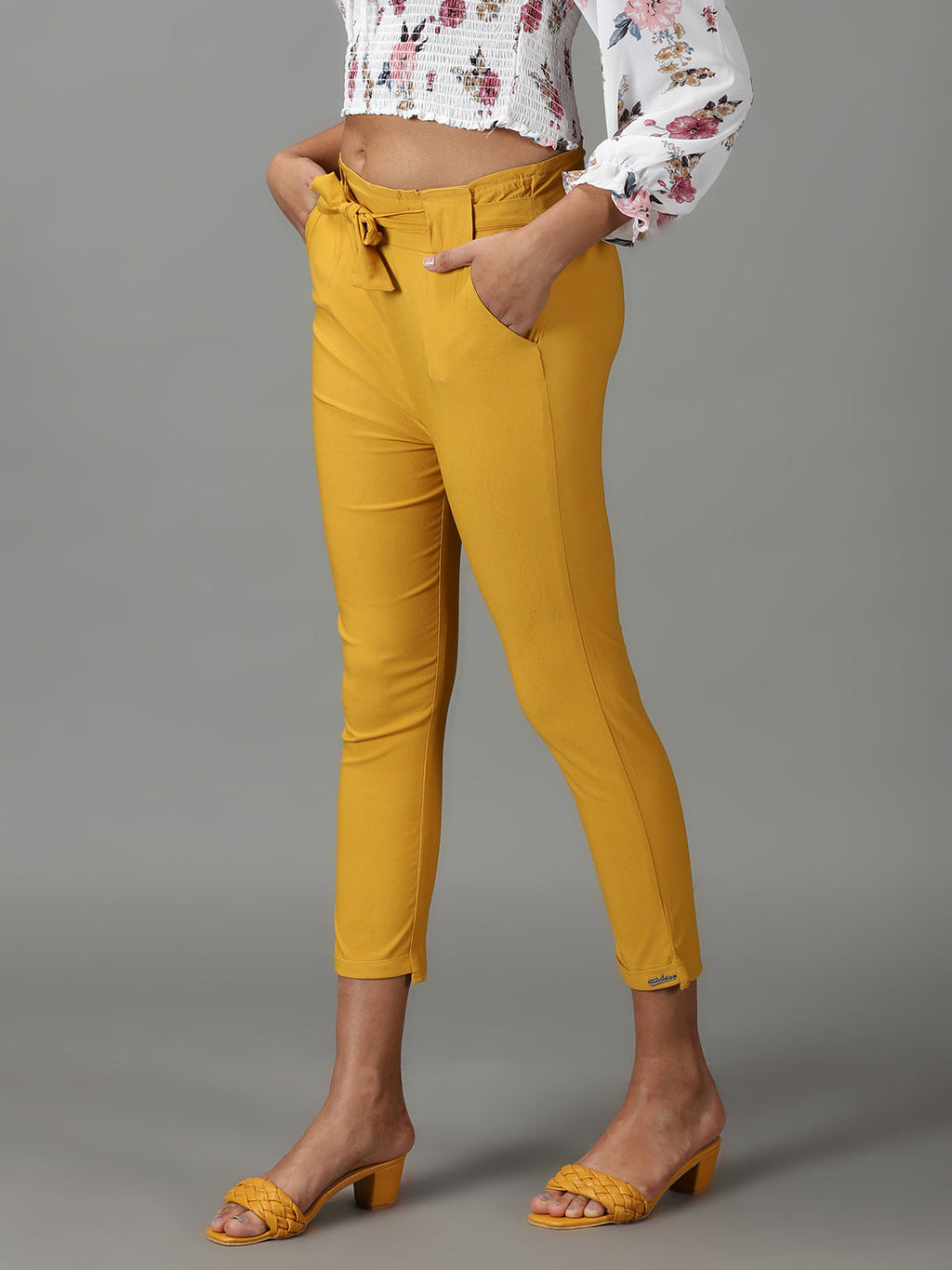 Women's Mustard Relaxed Slim Fit High-Rise Trousers