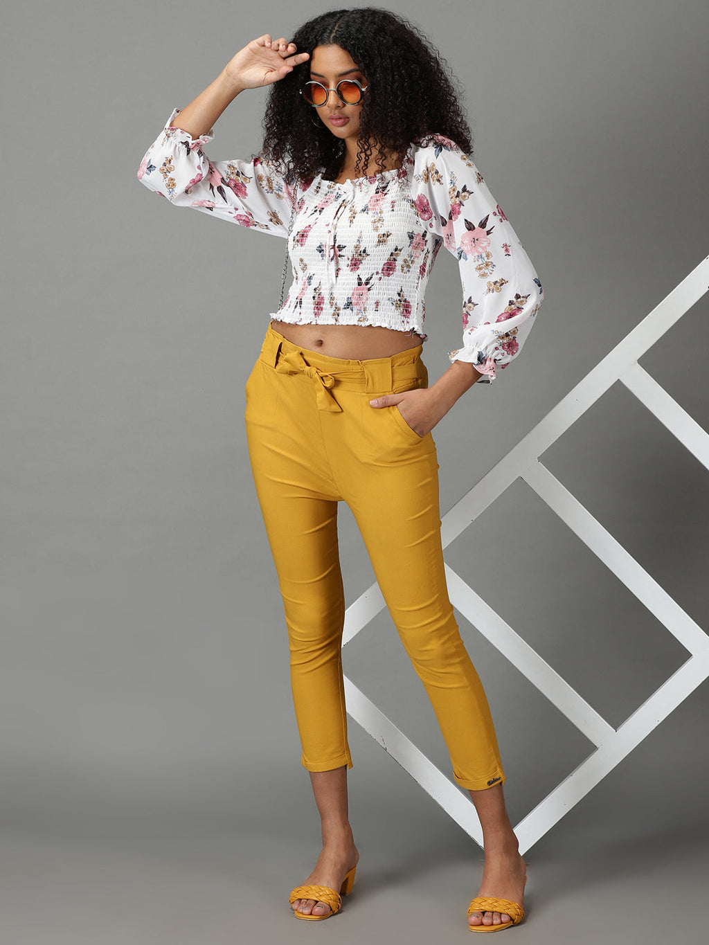 Women's Mustard Relaxed Slim Fit High-Rise Trousers