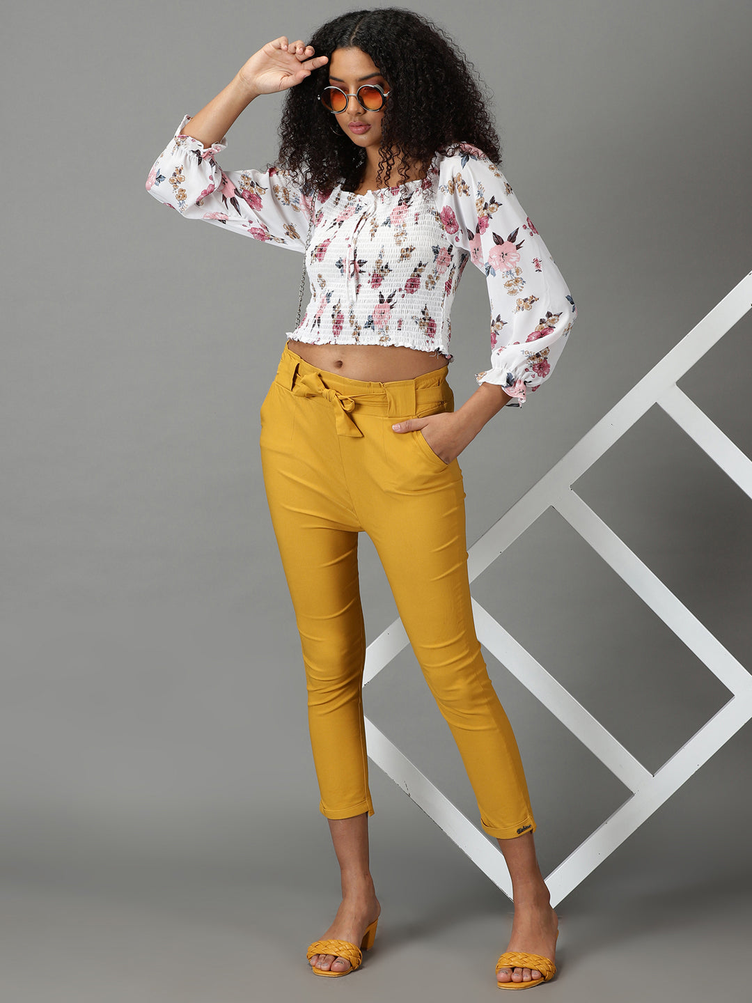 Women's Mustard Relaxed Slim Fit High-Rise Trousers