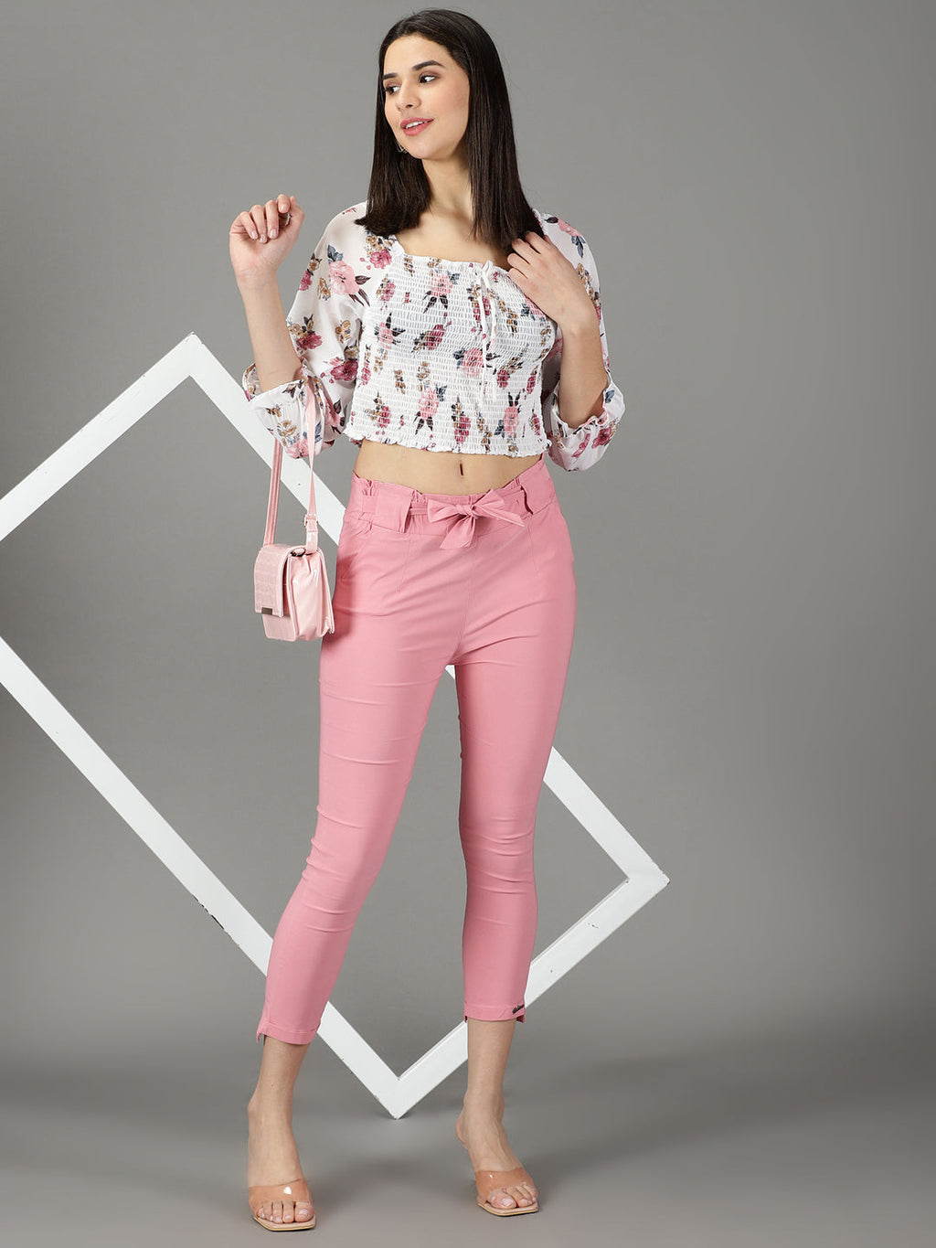 Women's Pink Relaxed Slim Fit High-Rise Cigarette Trousers
