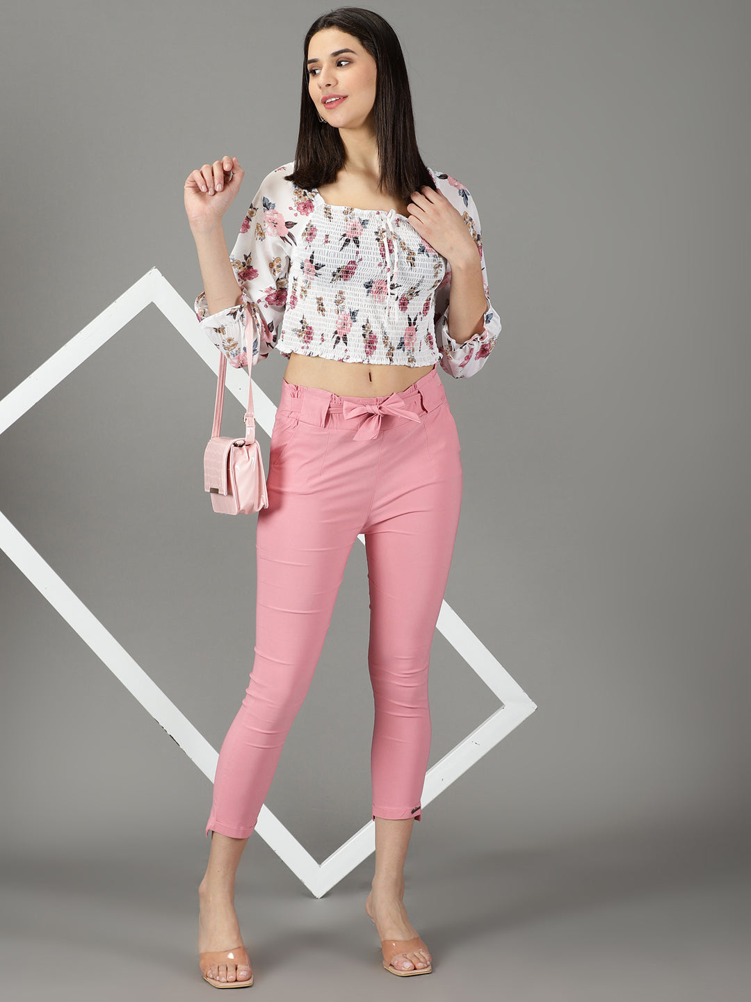 Women's Pink Relaxed Slim Fit High-Rise Cigarette Trousers