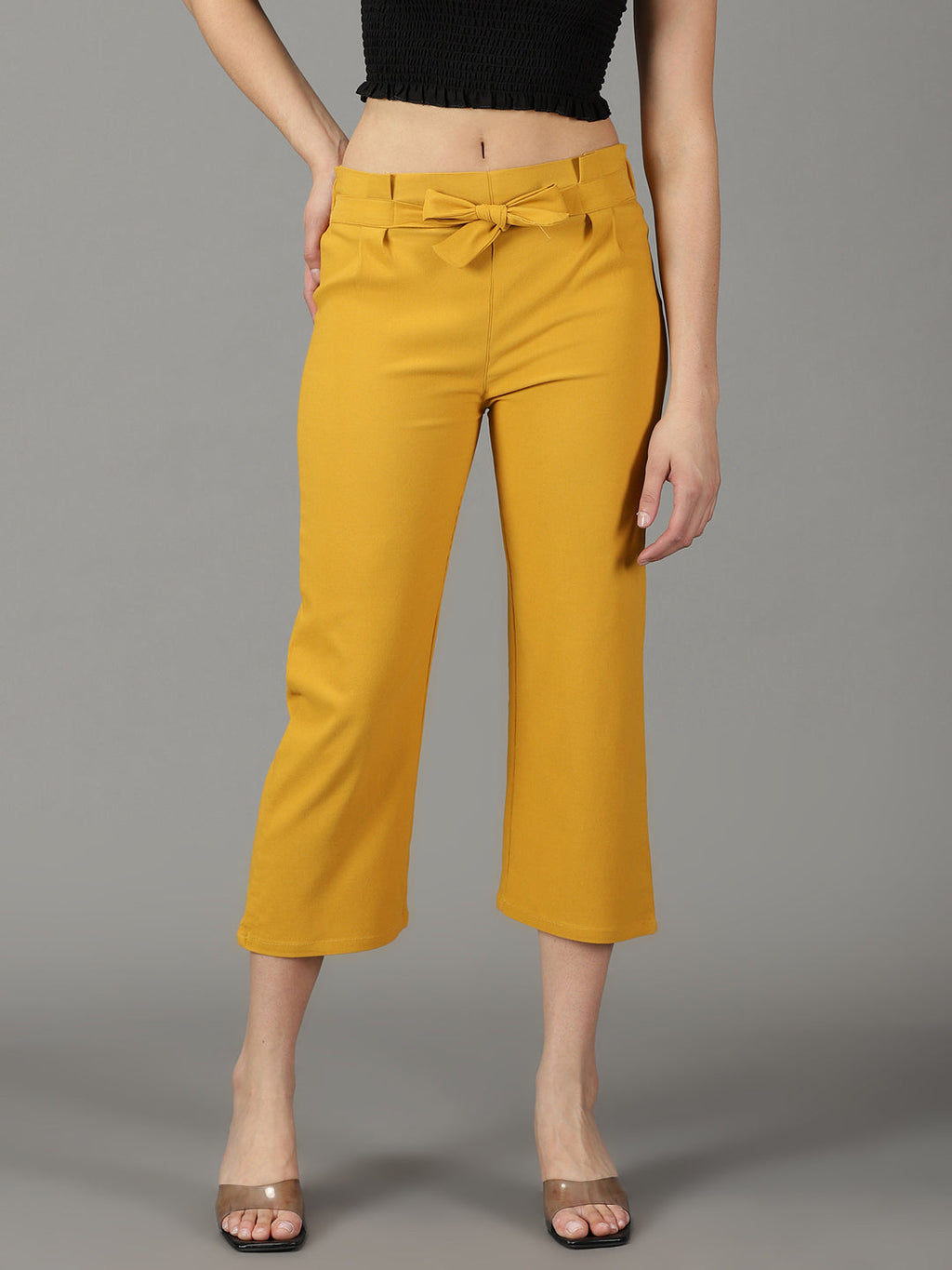 Women's Mustard Cotton Relaxed Straight Fit High-Rise Trousers