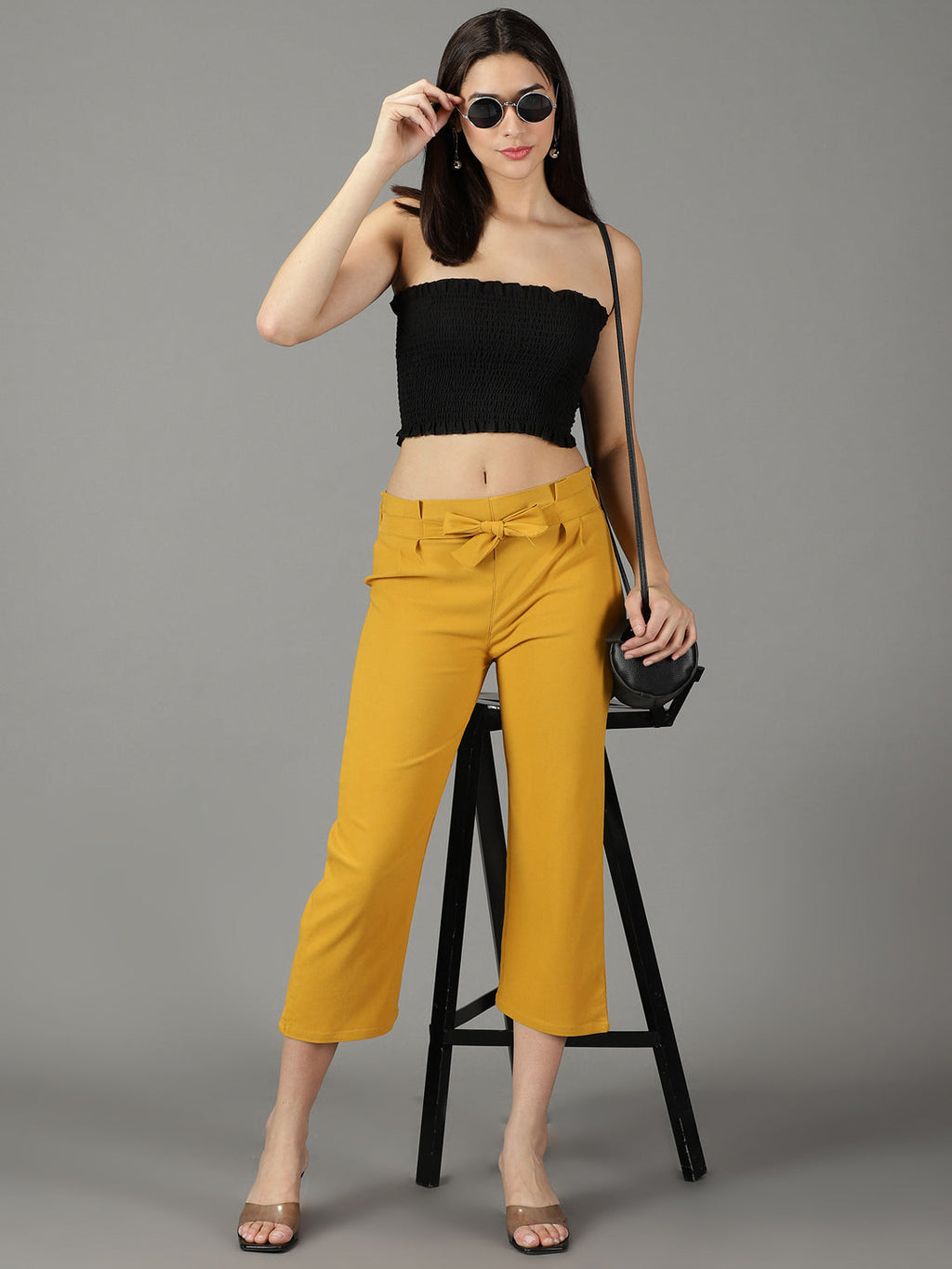 Women's Mustard Cotton Relaxed Straight Fit High-Rise Trousers