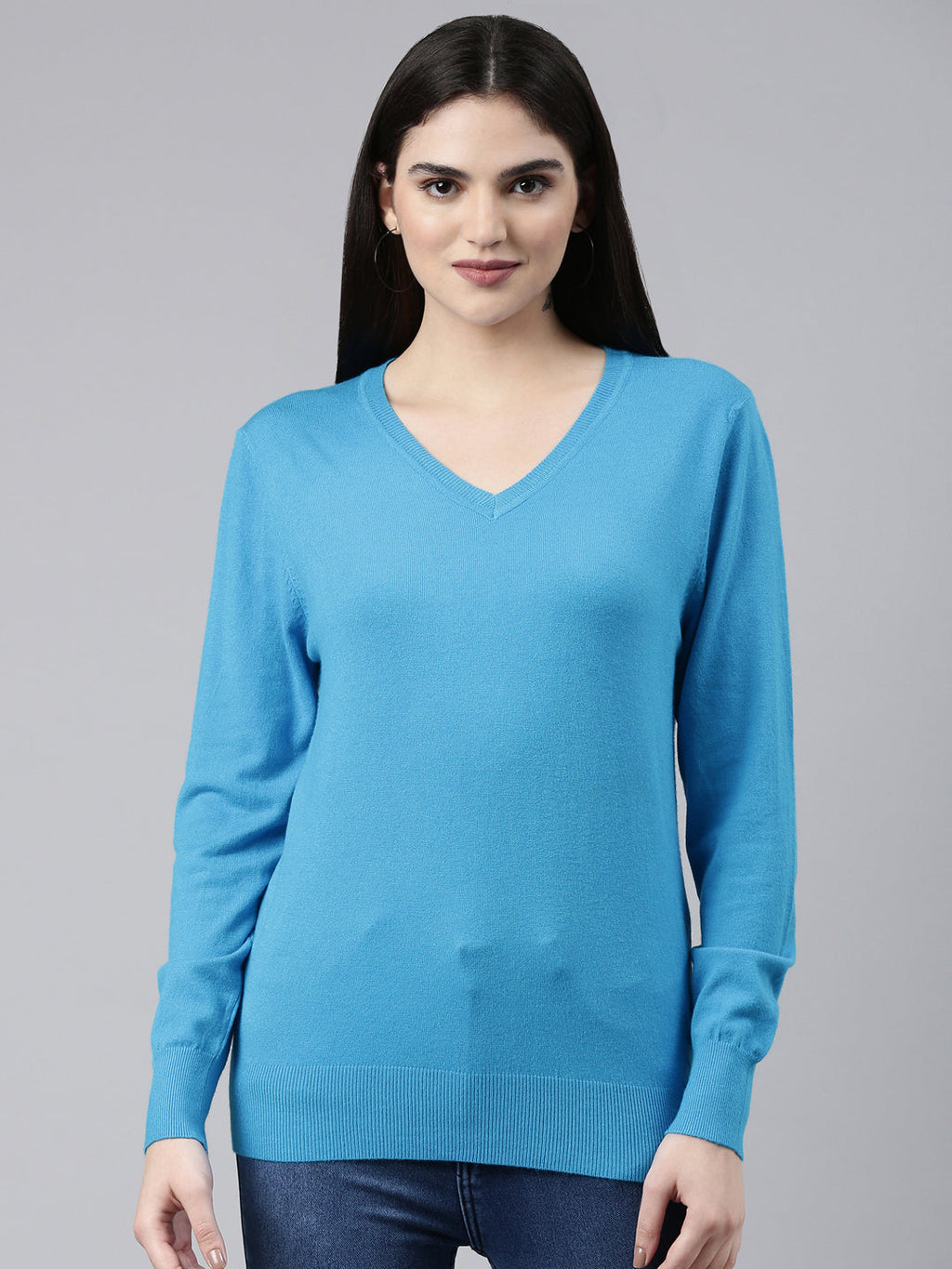 Women's Blue V-Neck Fitted Ribbed Acrylic Top