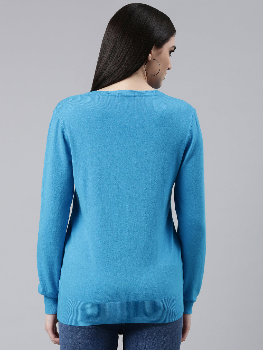 Women's Blue V-Neck Fitted Ribbed Acrylic Top