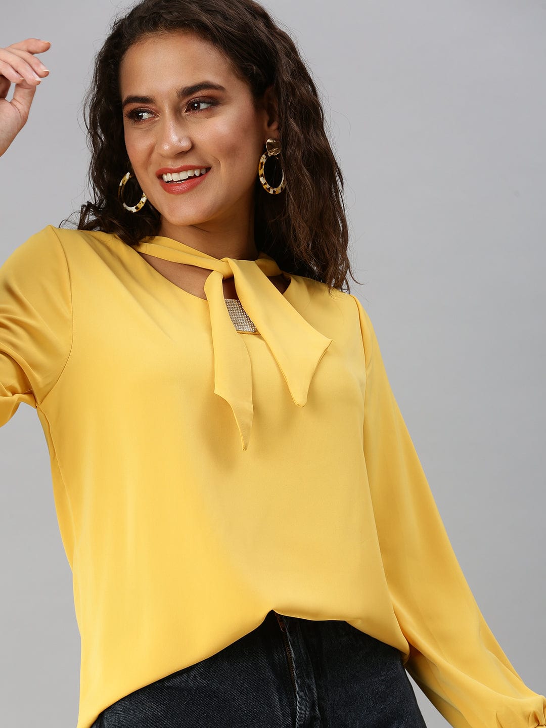Women's Mustard Tie-Up Neck Top