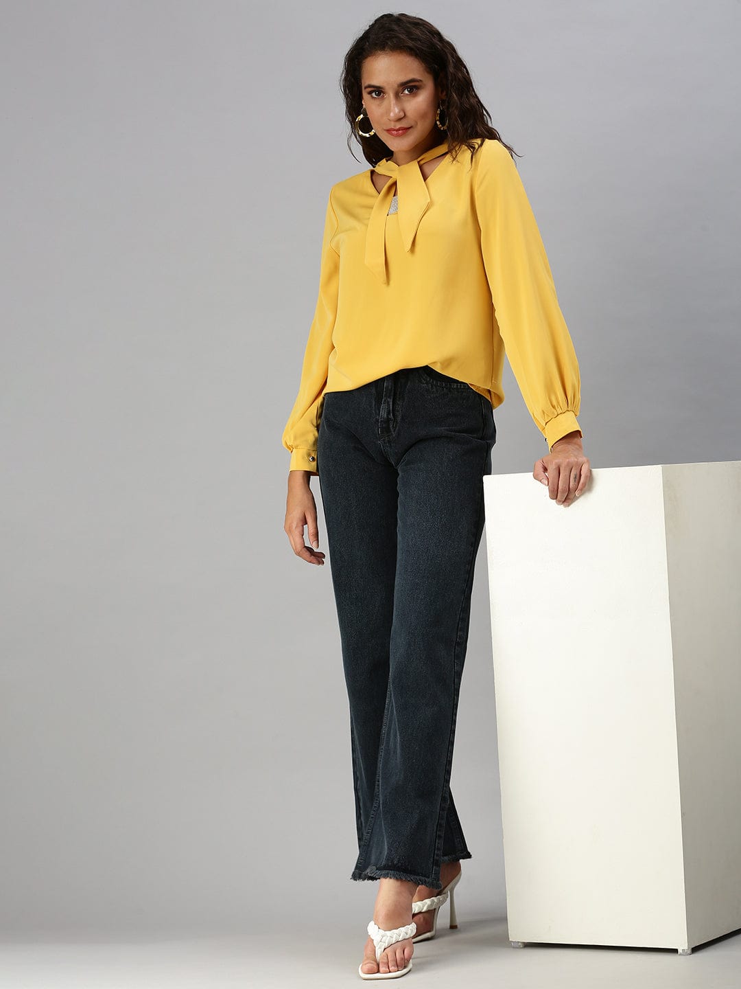 Women's Mustard Tie-Up Neck Top