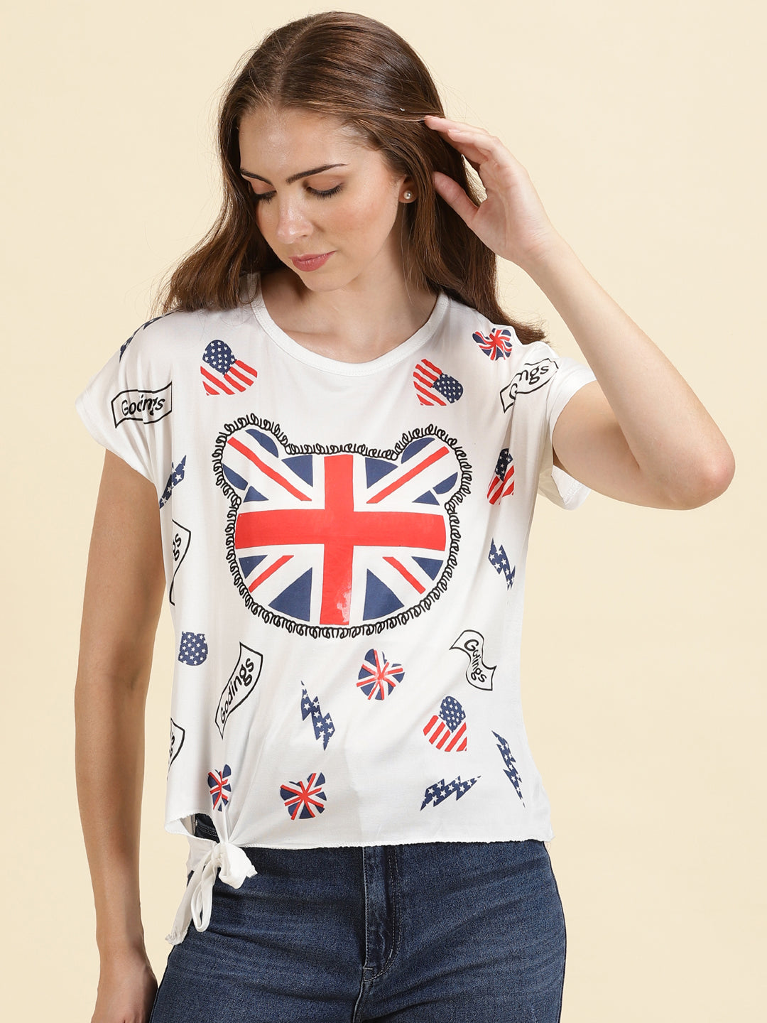 Women's White Conversational Printed Regular Top