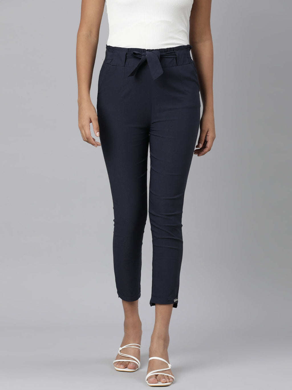 Women's Navy Blue Relaxed Slim Fit Cotton Cigarette Trousers