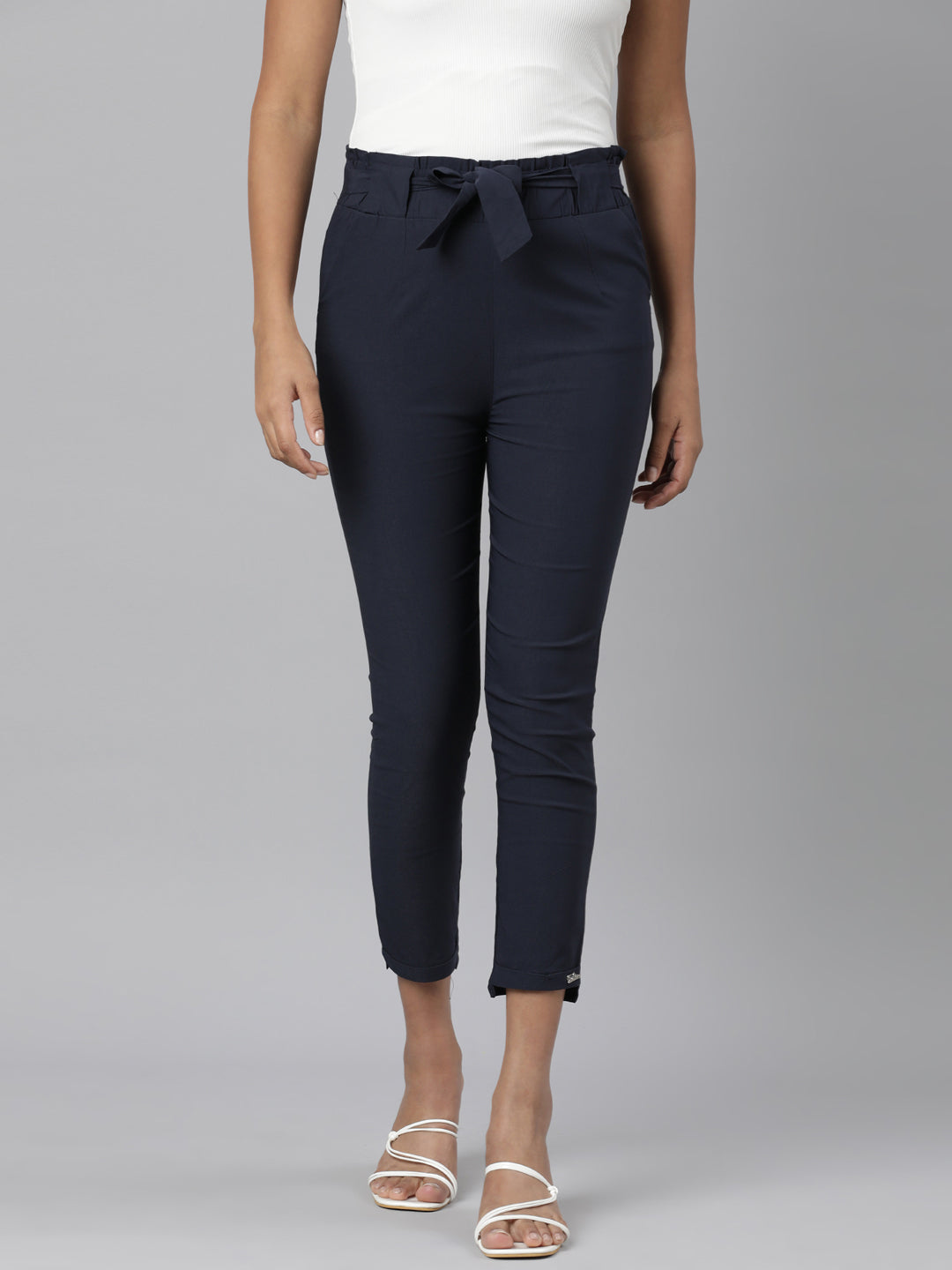 Women's Navy Blue Relaxed Slim Fit Cotton Cigarette Trousers