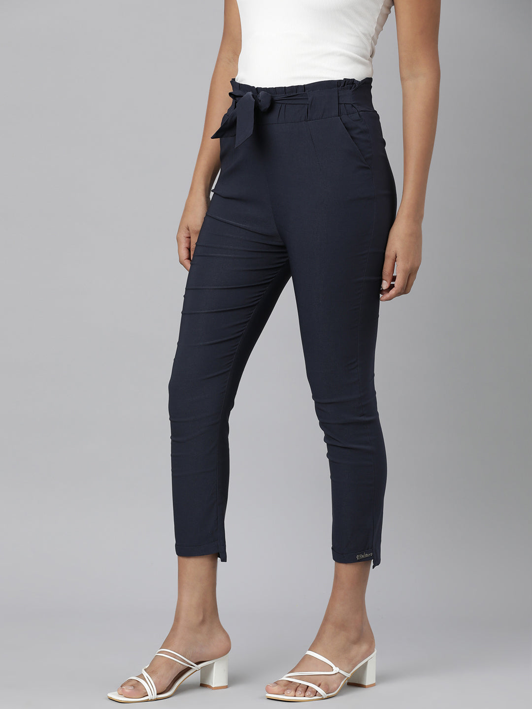 Women's Navy Blue Relaxed Slim Fit Cotton Cigarette Trousers