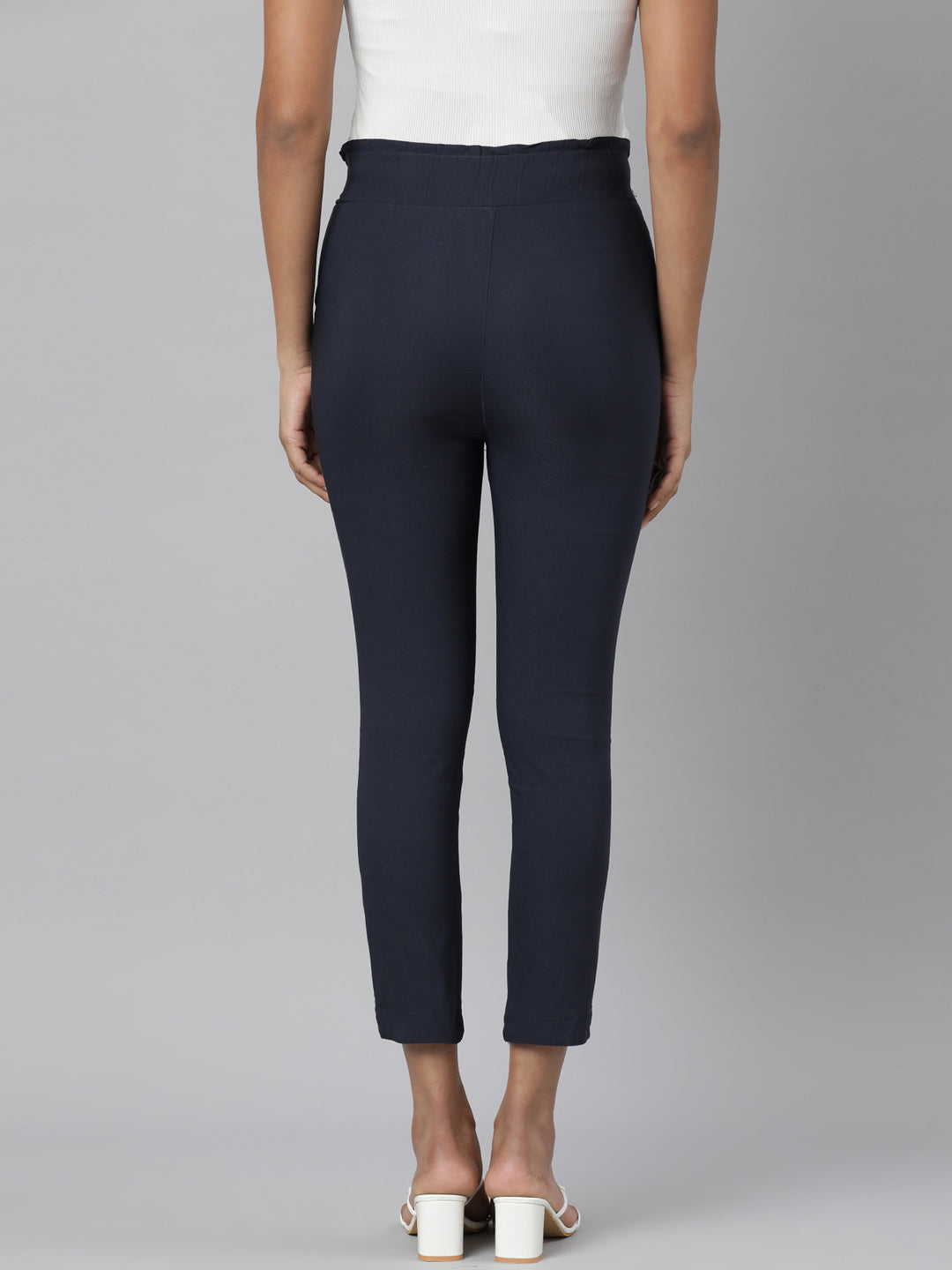 Women's Navy Blue Relaxed Slim Fit Cotton Cigarette Trousers
