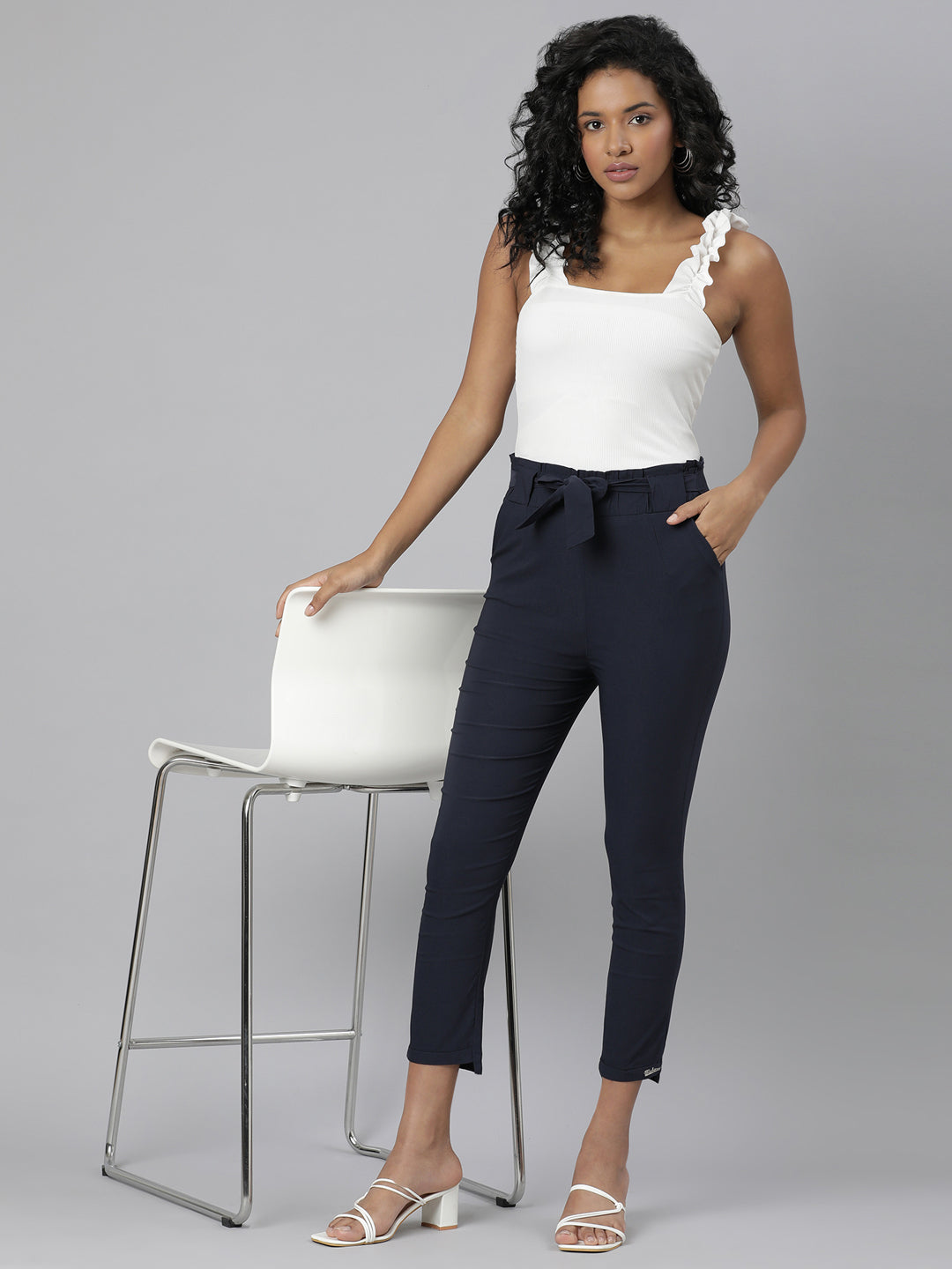 Women's Navy Blue Relaxed Slim Fit Cotton Cigarette Trousers