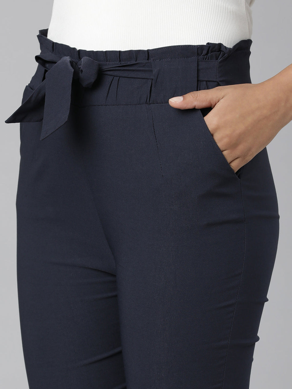 Women's Navy Blue Relaxed Slim Fit Cotton Cigarette Trousers