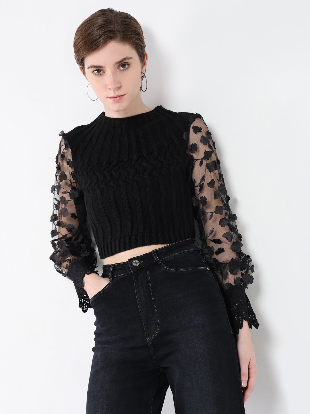 Women's Black Self Design Round Neck Acrylic Top