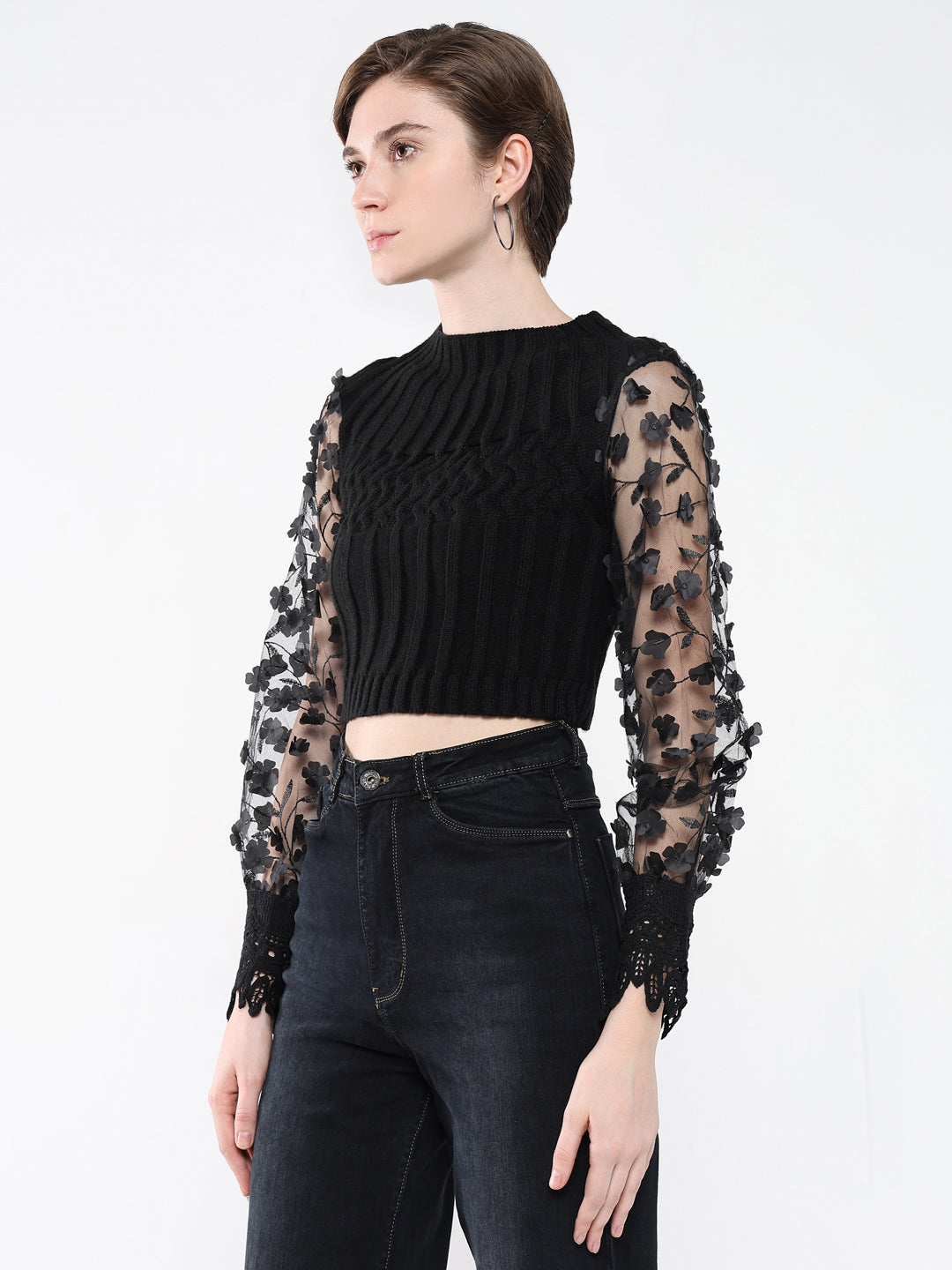 Women's Black Self Design Round Neck Acrylic Top