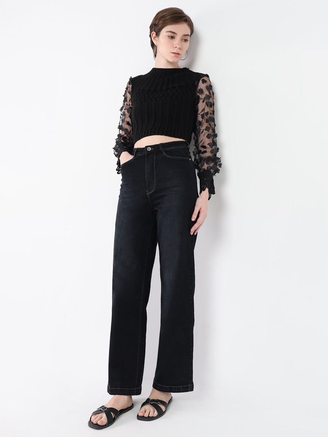 Women's Black Self Design Round Neck Acrylic Top